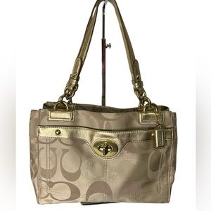Coach Signature Penelope Satchel Shoulder Bag Beige Metallic Fabric